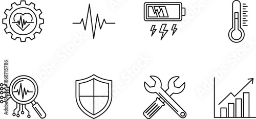 Technical Industry Line Icon Set Featuring Heart Rate Monitoring Battery Charging Temperature Measurement Security Shield Analysis Tools And Growth Chart Data