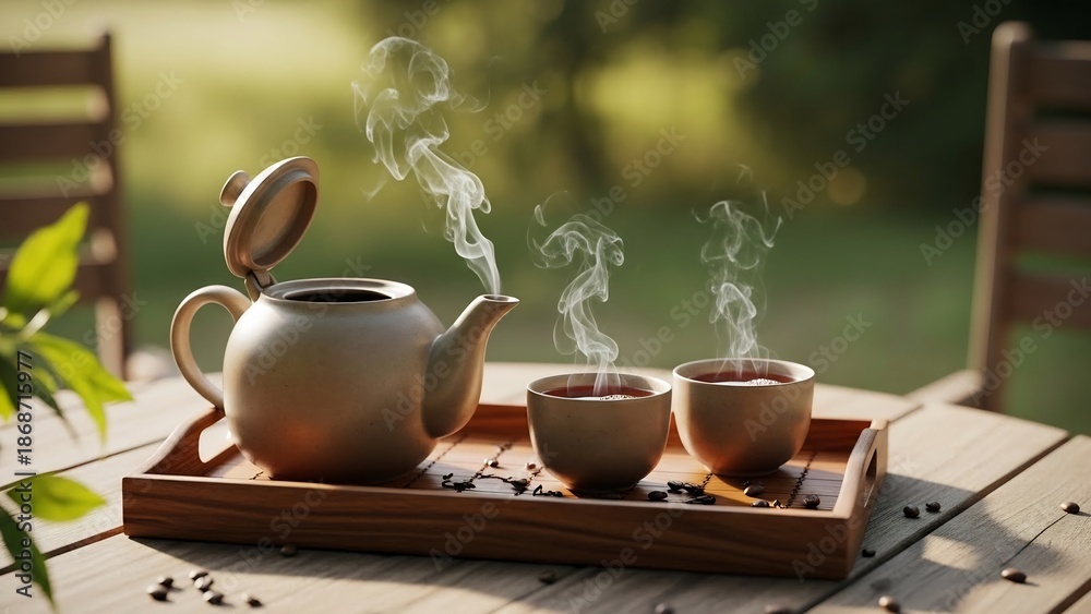Fototapeta premium Tray with teapot and cups of hot beverage on table outdoors