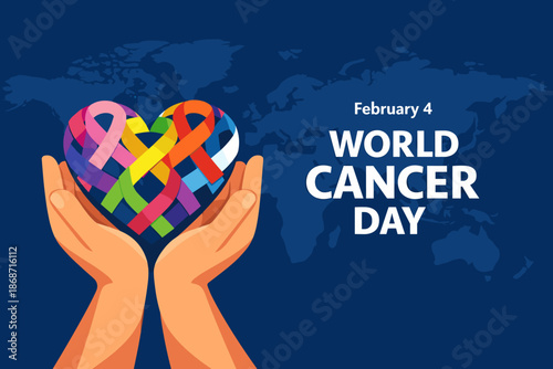 World cancer day awareness poster illustration. February World Cancer Day with hands holding ribbon heart