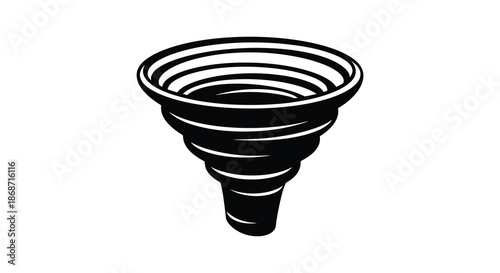 A striking black and white illustration of a funnel shaped object a bold silhouette
