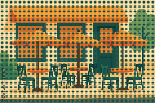 Outdoor Cafe Tables and Chairs Under Umbrellas on Sidewalk Halftone Illustration