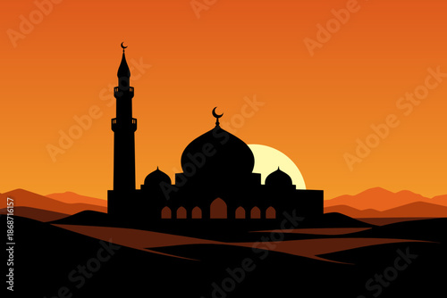 Ramadan mosque landscape illustration. Islamic Ramadan holy month sunrise scene with minarets and crescent moon