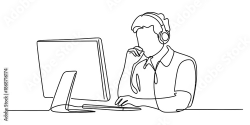 Continuous line drawing of a person working at a computer with headphones Vector, illustration