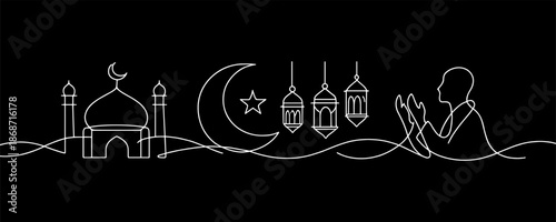 Ramadan night line illustration on dark background. Islamic Ramadan holy month prayer scene with mosque and lanterns