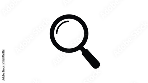 A simple black magnifying glass icon against a white background silhouette