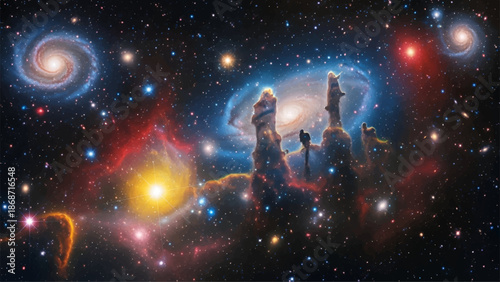 Surreal cosmic fantasy scene with glowing galaxies and mysterious alien silhouettes