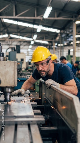 Machinist operating precision equipment industrial workshop action scene indoor environment focused viewpoint craftsmanship concept