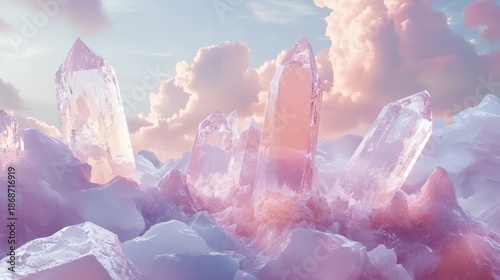 Clear pink crystals grow from white icy peaks under soft pastel clouds