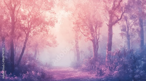 Misty forest path leads through dense pink and purple trees in soft light
