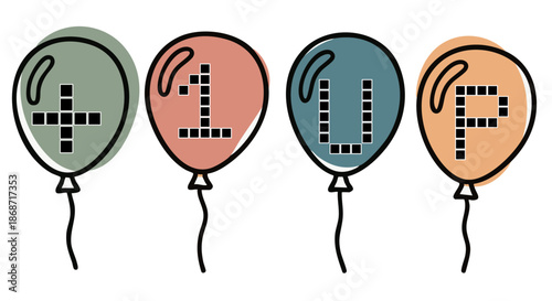 Boho Hand Drawn +1UP Balloons Vector Illustration with Floral Details