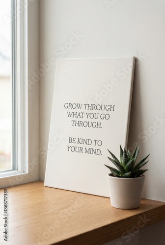 Motivational quote canvas on windowsill with succulent