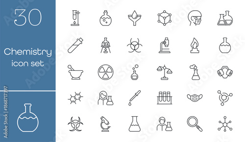 Set of science and laboratory line icons on dark background. Includes chemistry biology research safety and medical symbols for education apps websites infographics and scientific design projects.