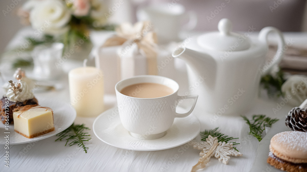 Fototapeta premium Cozy winter tea setting inviting relaxation, enjoying hot beverage and sweet treats during a festive gathering