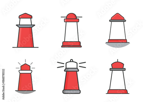Collection of different Lighthouse icons in red and white color scheme design