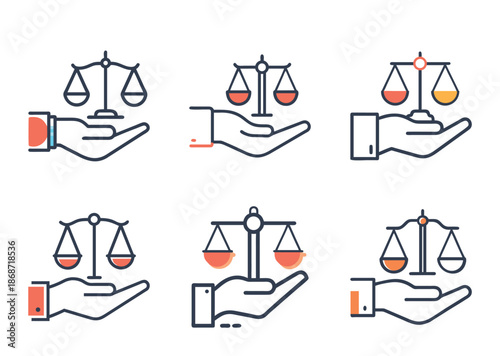 Collection of justice scale icons held in hand, representing fairness and equality