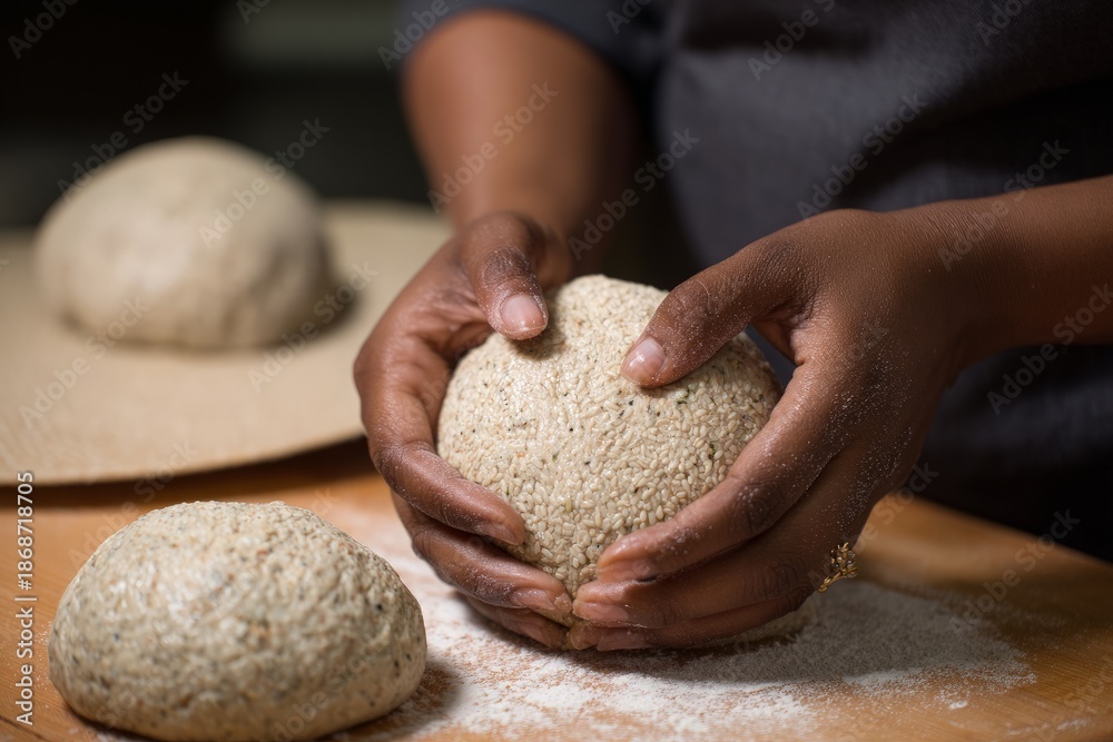 Obraz premium African American person shaping dough on wooden table
