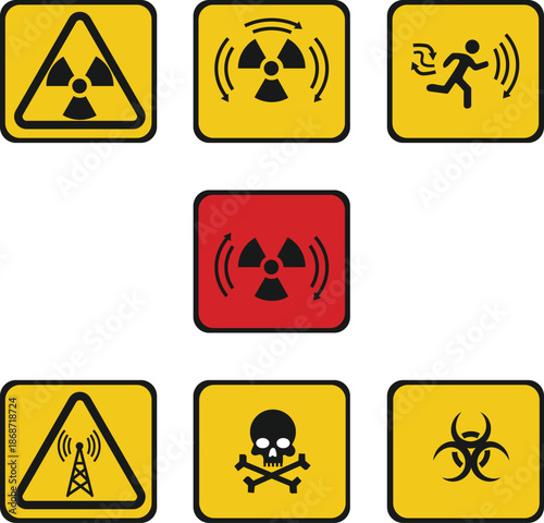 Warning signs displaying ionizing radiation and high dose levels