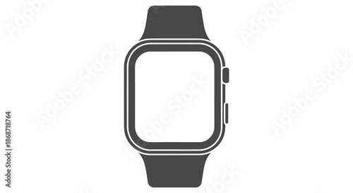 A sleek black smartwatch design with a rectangular face and strap presented as a silhouette