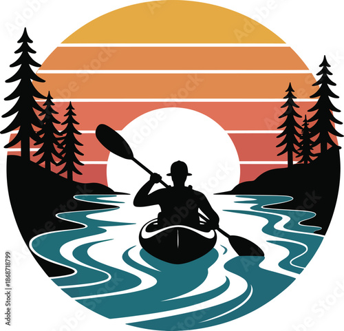 Kayaker at Sunset Circular Silhouette