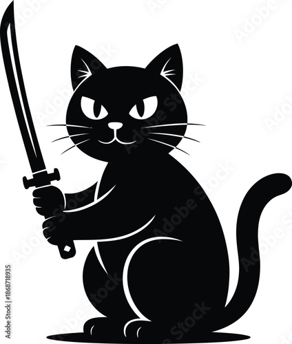 Warrior Ninja Cat with Katana Silhouette