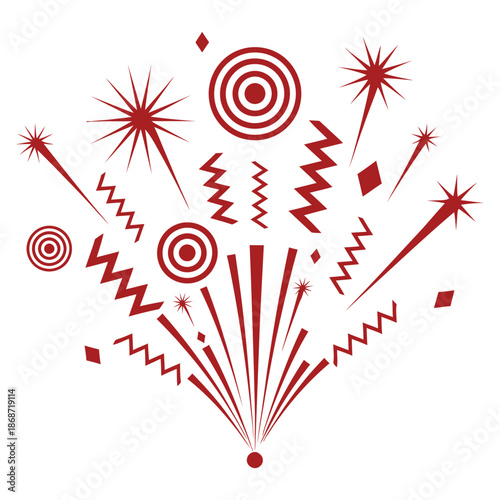 Abstract graphic design featuring stylized celebratory fireworks bursts with geometric shapes and vibrant red color accents perfect for festive occasions
