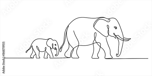 Continuous line art drawing of a mother elephant and baby elephant walking in single file Vector, illustration