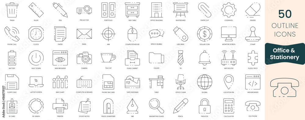 Obraz premium Set of office and stationery icons. Thin outline icons pack. Vector illustration