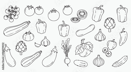 Fresh Vegetable Harvest and Healthy Organic Garden Line Art