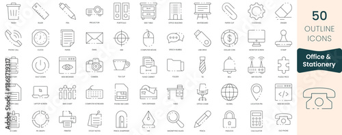 Set of office and stationery icons. Thin outline icons pack. Vector illustration