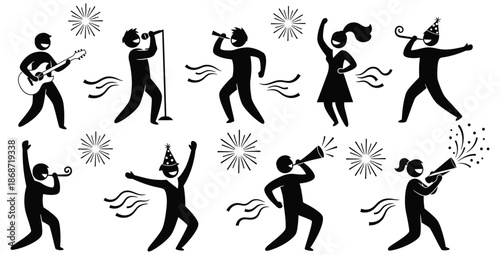 Collection of black silhouette stick figures celebrating a joyous occasion with musical instruments noise makers and festive party hats creating an energetic atmosphere