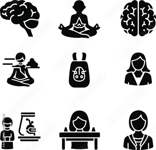 Brain meditation yoga person desk woman and science icons