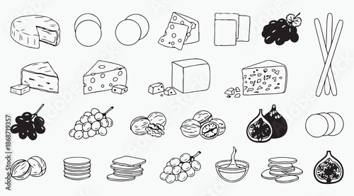 Gourmet Cheese Varieties with Grapes Nuts and Crackers Line Art Set
