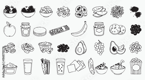 Healthy Snacks Superfood Ingredients and Breakfast Nutrition Line Art