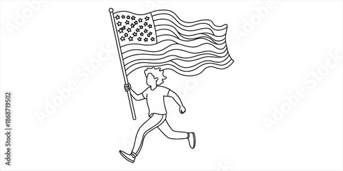 A person running and holding the united states flag high in celebration Vector, illustration