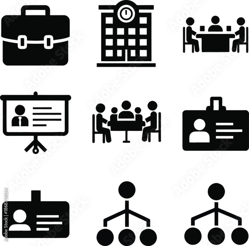 Business icons briefcase building meeting presentation id card hierarchy