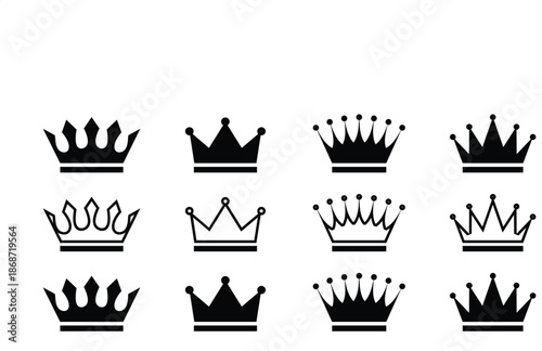 Collection of twelve distinct black and white silhouette icons representing various royal crowns symbolizing monarchy majesty power and sovereign authority for graphic design