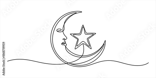 Minimalist continuous line drawing depicting a mystical crescent moon with a face and a star Vector, illustration