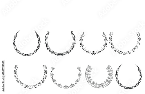 Collection of elegant decorative black and white floral and vine half-circle borders perfect for invitations and vintage design projects