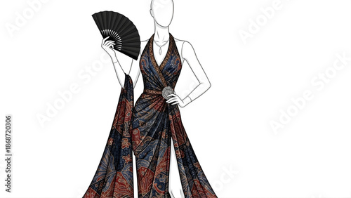 Elegant woman in a flowing dress and fan, artfully designed for fashion and style