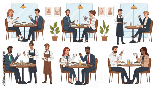 People dining at restaurant tables with waiters serving food and drinks in a modern interior setting