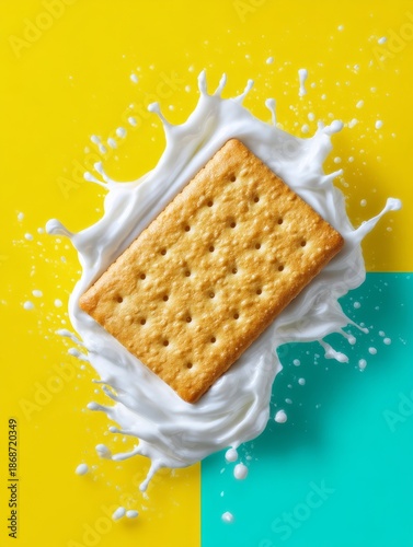 Delicious graham cracker splashing in vanilla icing bright background food photography fun concept