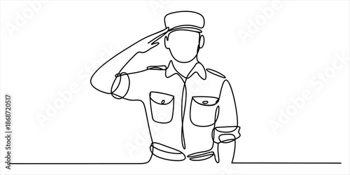 A continuous line drawing illustration of a person in uniform performing a military salute Vector, illustration