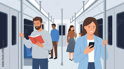 Diverse people commuting on a modern subway train reading and using phones commute public transport