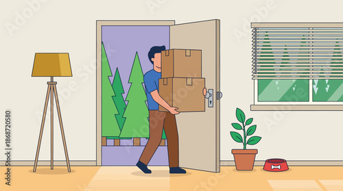 Man carrying moving boxes through an open doorway into a room with trees outside vector illustration