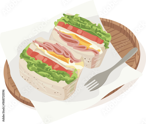 Illustration of a cut sandwich on a plate with lettuce, tomato, and meat, served with a fork on a white background.