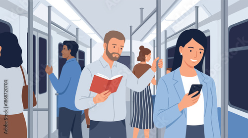 Diverse people commuting on a subway train reading and using phones public transport