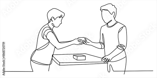Continuous line drawing of two individuals making an exchange over a table Vector, illustration