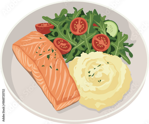 A plate of grilled salmon with mashed potatoes and a mixed green salad with tomatoes on a white background.
