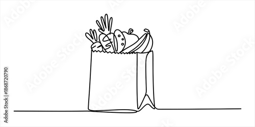 Single continuous line art drawing of a paper grocery bag filled with fresh fruits and vegetables Vector, illustration
