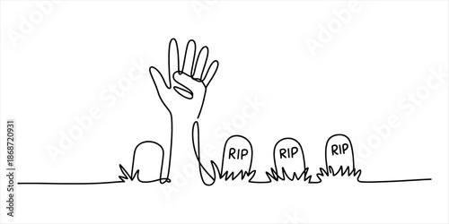 A single line drawing of a hand rising from a grave in a spooky cemetery Vector, illustration